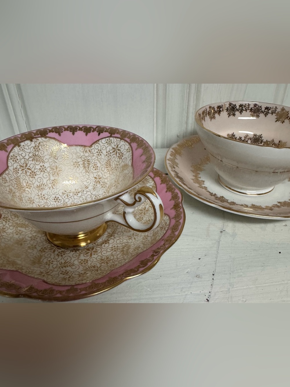 Vintage English Bone China Teacup Sets Foley  Stanley Pink Gold Filigree 2 Sets